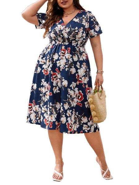 

plus floral print shirred waist dress d4jt#, Black