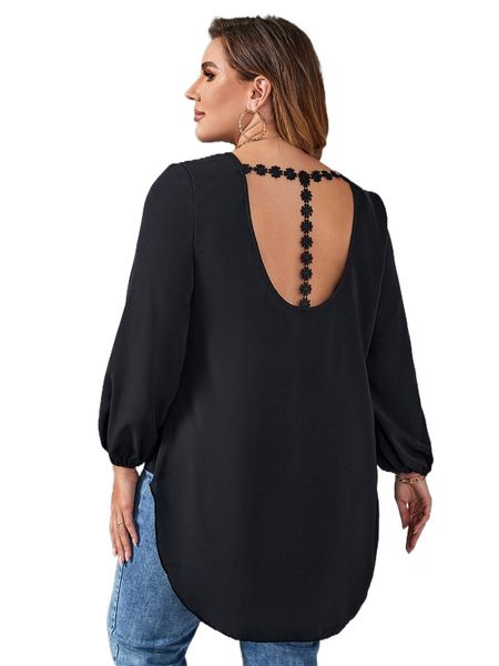 

plus contrast lace cut out back high low hem blouse 69l4#, Black