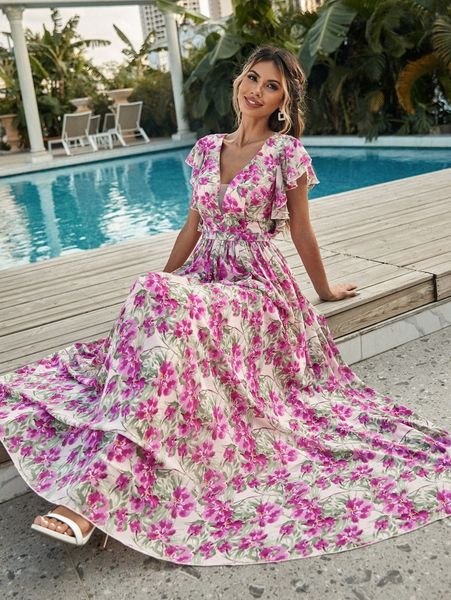 

floral print butterfly sleeve maxi a-line dress 82vb#, Black;gray