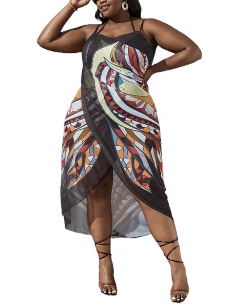 

plus allover print wrap hem cami cover up e5zr#, Black