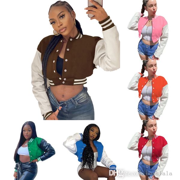 

xs-xxl womens baseball jackets varsity 2022 autumn streetwear fashion splicing threaded long sleeve short coat, Black;brown