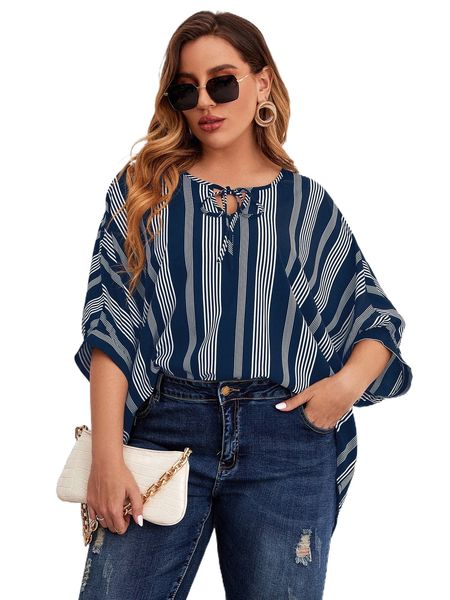 

plus striped print tie neck dolman sleeve blouse g2oe#, Black