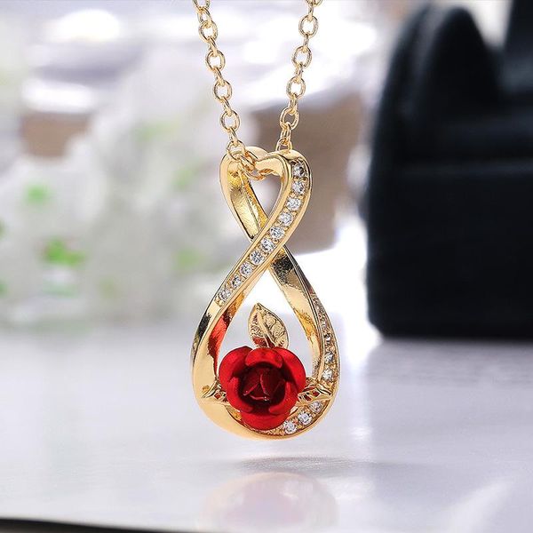 Collane con ciondolo Simpatico spago placcato oro / argento Figura 8 Fiore rosa per le donne CZ Intarsio in pietra Gioielleria di moda Regalo per la festa nuzialePendant