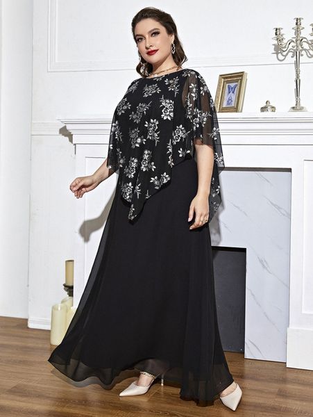 

plus floral print batwing sleeve overlay dress y6el#, Black