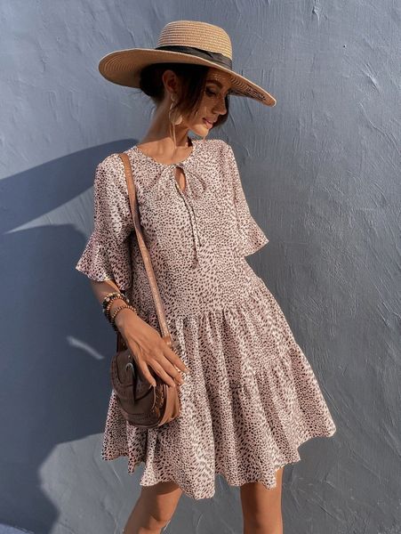 

allover print tie neck smock dress y7nj#, Black;gray