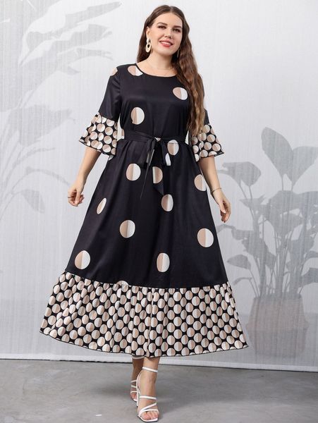 

plus polka dot flounce sleeve ruffle hem belted dress s0o3#, Black