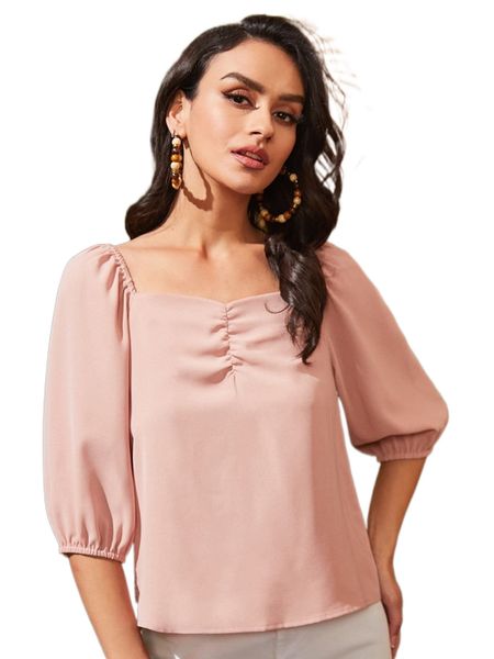 

puff sleeve ruched blouse d83t#, White