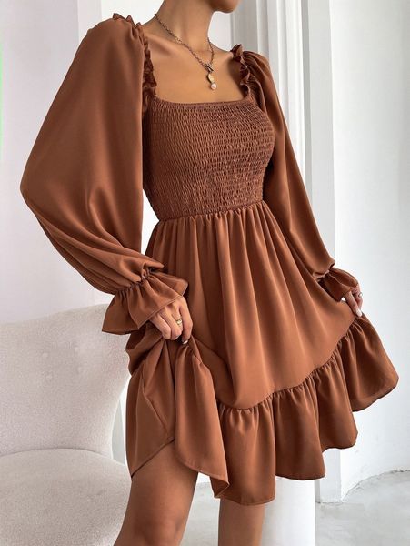

square neck shirred bodice flounce sleeve ruffle hem dress 95l5#, Black;gray