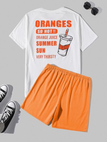

men letter & drink print tee & drawstring waist shorts i2uh#, Gray