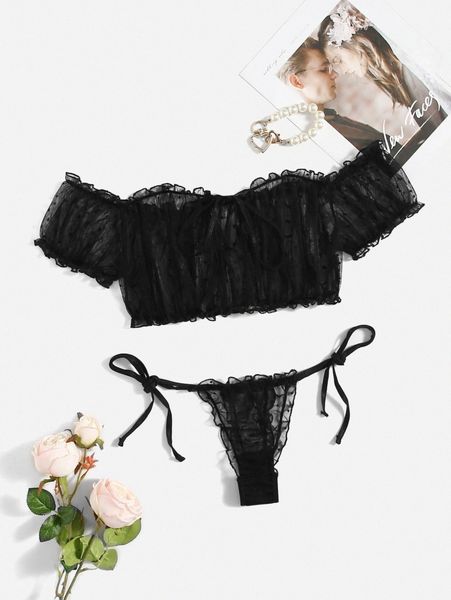 

mesh lettuce trim lingerie set 81w0#, Black;red