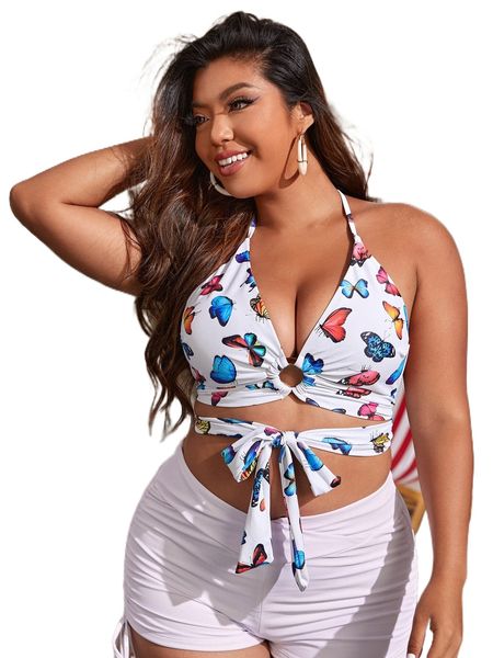 

plus butterfly print ring linked knot front bikini k68o#, Black