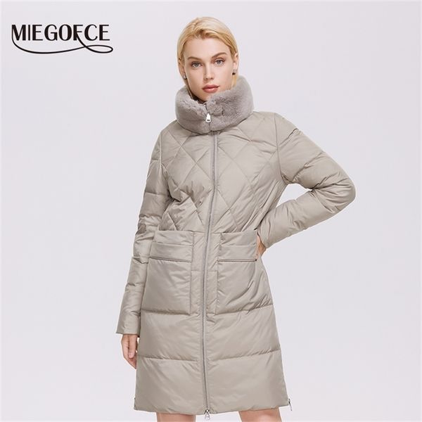

miegofce winter women long cotton jacket luxury classic coat stand-up rex rabbit fur collar coat winter long parkas d21682 211120, Black