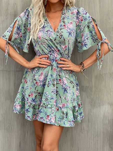 

floral print split sleeve ruffle hem dress j1vi#, Black;gray