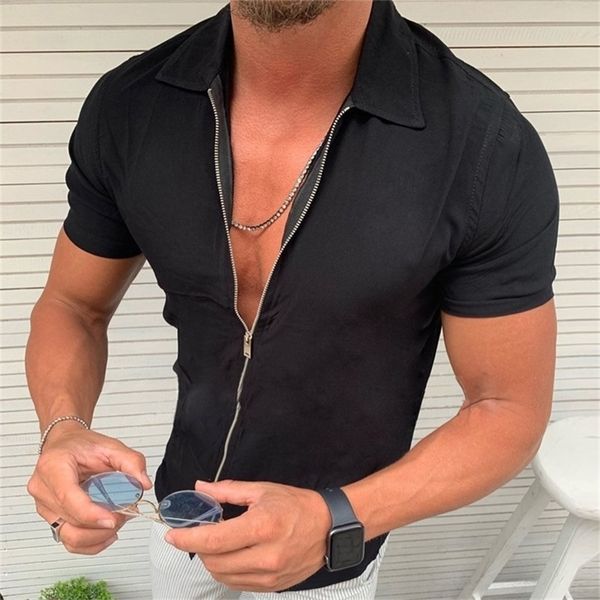 

men's shirts summer men's brand fashion simple solid color casual short sleeve zipper shirt cardigan 220810, White;black