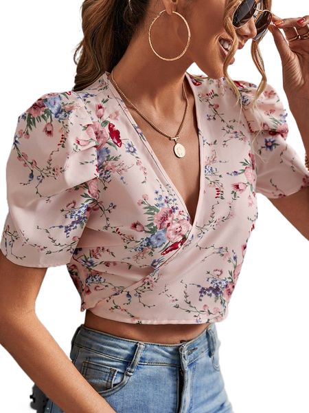 

floral print puff sleeve tie back crop wrap blouse 75rk#, White