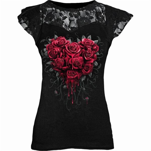 

gothic punk plus size black graphic lace rose tshirt y2k clothes grunge short sleeve hollow out tshirts tee 5xl 220609, White