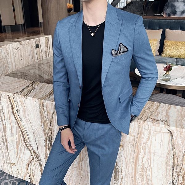 

new men suits for wedding groom tuxedo light blue peaked lapel business blazer jacket pants 2 piece for man 03, Black;gray