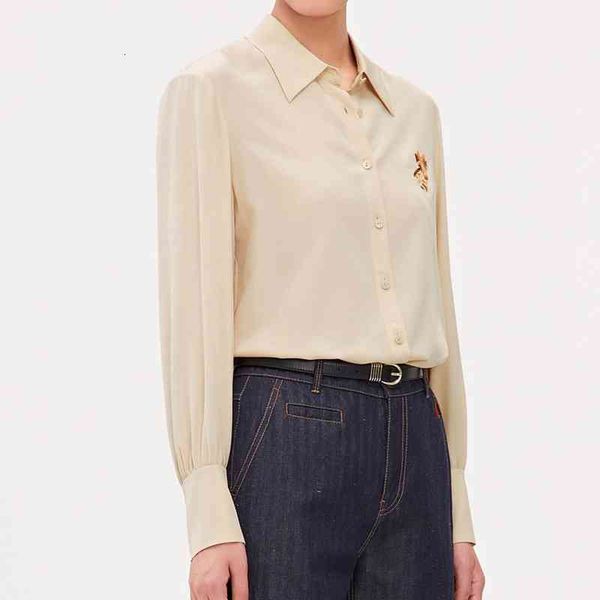 

women's polos silk crepe de chine calf embroidery heavy industry long sleeve shirt, White