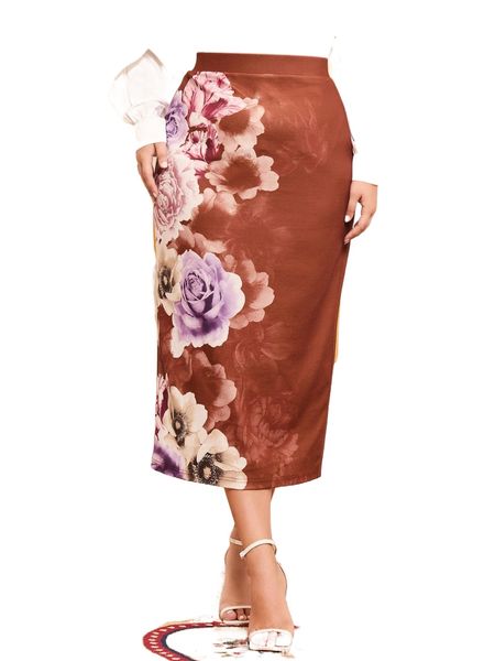 

plus floral print high waist skirt g4mb#, Black