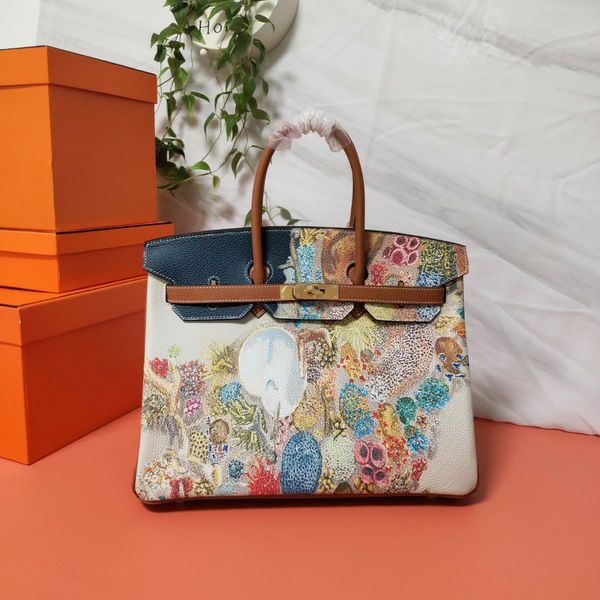 

35cm designer tote fashion graffiti bag brand purse genuine leather handbag fully handmade wax line thread togo leather limited edtion whole