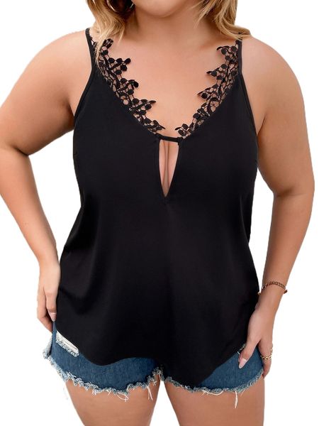

plus contrast guipure lace cut out cami b9lj#, Black
