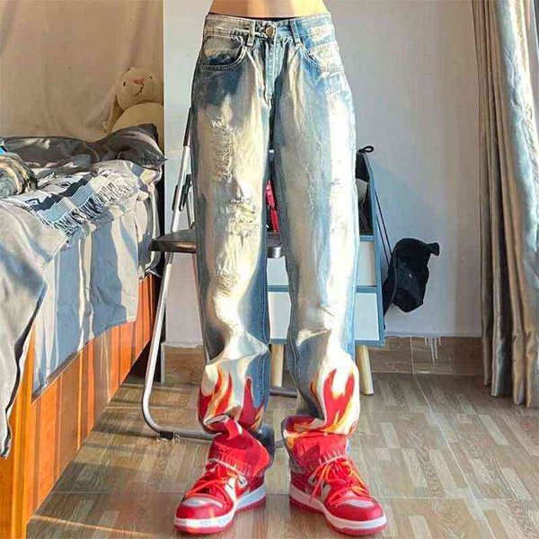 

women large size jeans 2022 spring and autumn new flame print ripped jeans hip hop high street style trousers for men and women t220728, Blue
