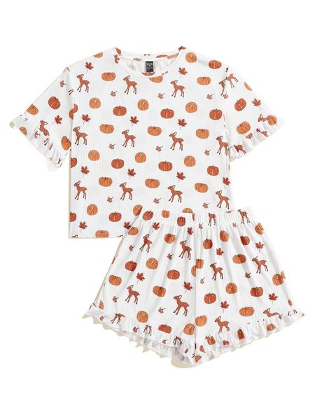 

x pati paints lantern & deer print rib knit pj set j2dj#, Black;red