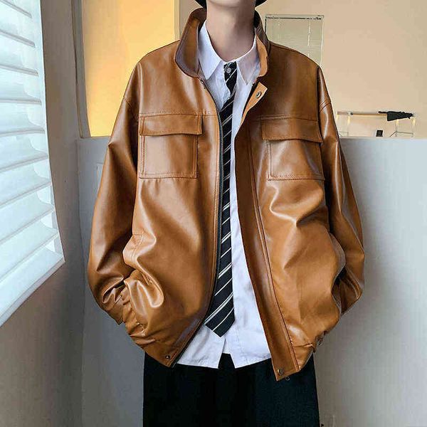 

2022 men's solid color casual loose coats baseball pu leather motorcycle russian jackets fashion trend faux fur coats m-2xl t220728, Black