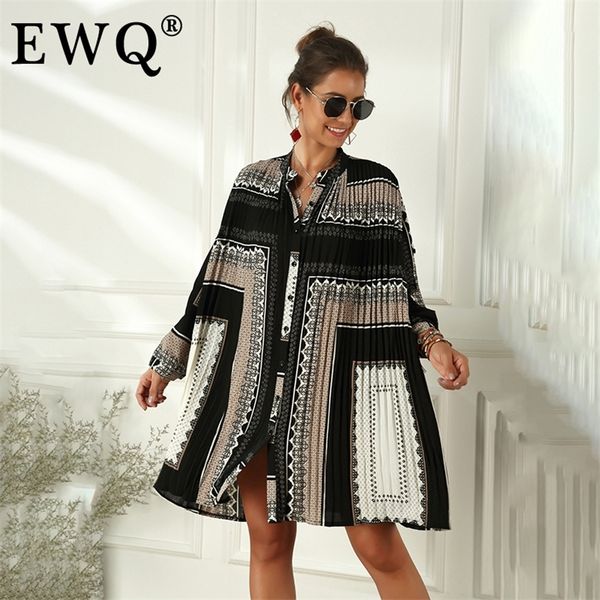 

ieqj spring summer stand collar long sleeve print single breasted adjustable waist casual shirt dress women 3aj06501xl 210303, Black;gray