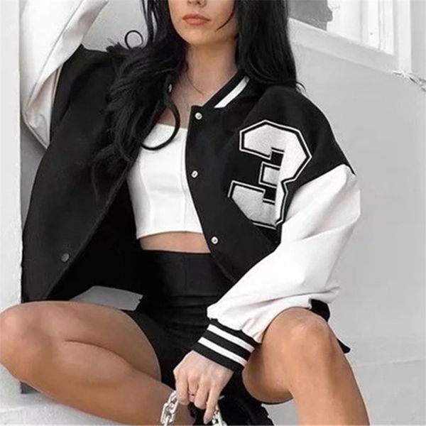 

varsity jackets women autumn winter fashion oversized long sleeve bomber loose black baseball vintage y2k coat 220817, Black;brown