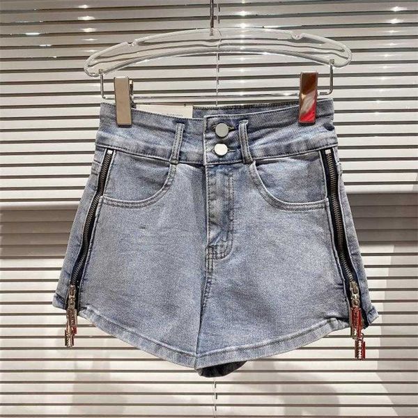 Сторонние прибыль Spring Side -молнии высокой талии джинсовые шорты уличная одежда Ml695 210709