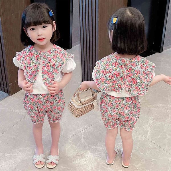 

toddler girls clothes patchwork girl clothes floral tshirt short outfit for girls summer tracksuit kids 210412, White