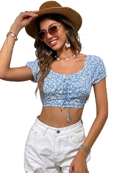 

ditsy floral lace up front crop blouse b46j#, White