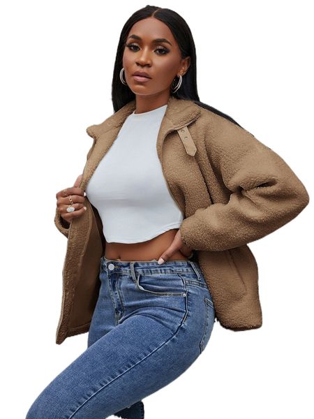 

sxy drop shoulder buckled neck fleece coat y2un#, Black