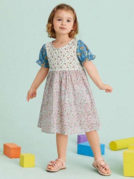 

sheen little girl bubble sleeve small floral dress she, Red;yellow