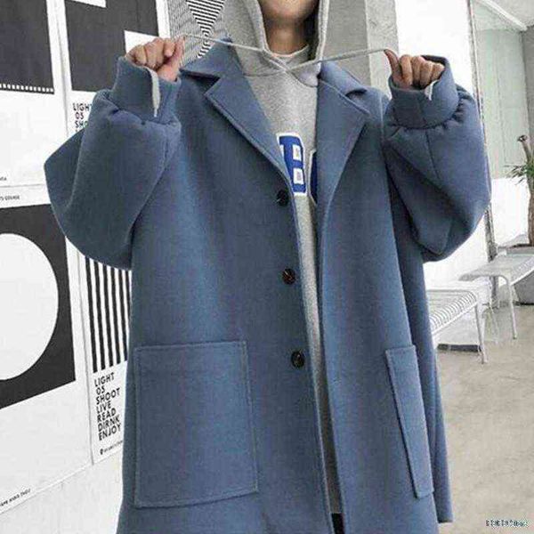 Lã de lã masculina Blends de grandes dimensões homens coreano Solid Winter Coat 2021 Masculino Black Harajuku Trench Flannel Button Jackets and Coats T220810