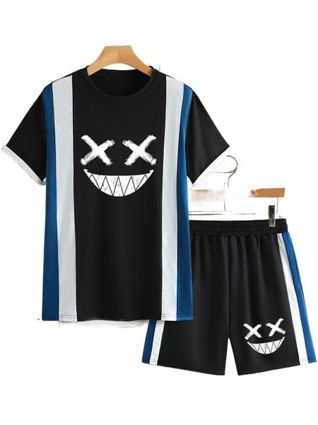 

men expression print colorblock tee & shorts r51c#, Gray