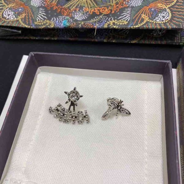 

outlet white diamond letter asymmetric earrings female worn earrings, Golden