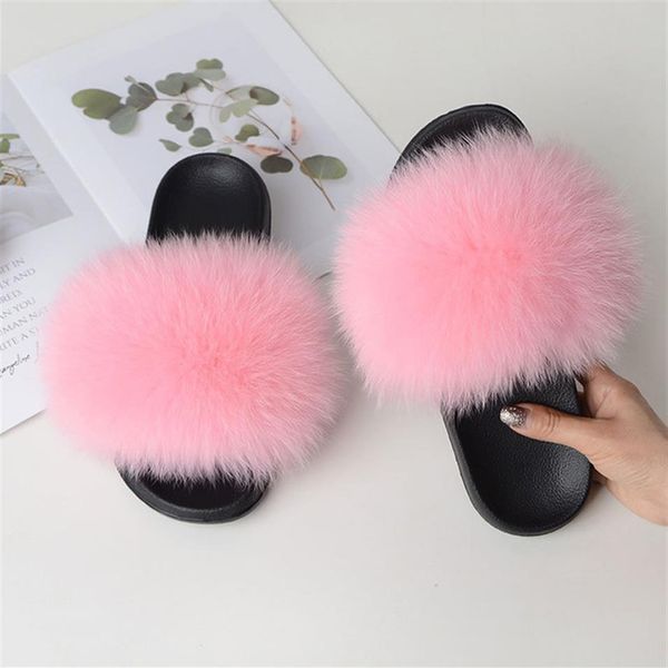 

2020 new children baby girl casual furry fur flip flops real fox fur sandals lady fluffy slides women' plush flat slippers t259k, Black;grey