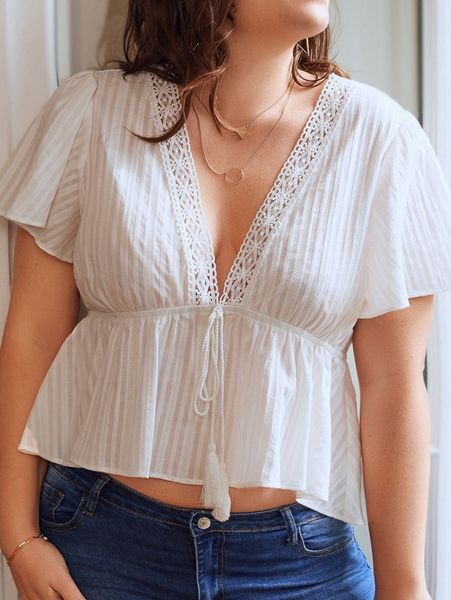 

plus fringe detail lace trim peplum o86o#, Black