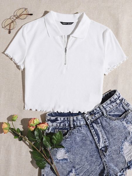 

zipper half placket lettuce trim tee o3w4#, White