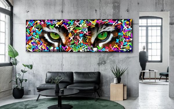 Modern Graffiti Art Tiger con feroci occhi verdi Poster e stampe Dipinti su tela Immagini di arte murale per la decorazione del soggiorno