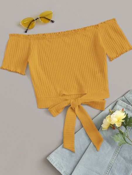 

lettuce trim tie hem rib-knit bardot 60ze#, White