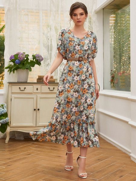 

floral print v-neck batwing sleeve ruffle hem belted dress l6ki#, Black;gray