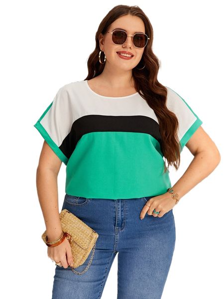 

plus colorblock batwing sleeve blouse g94k#, Black