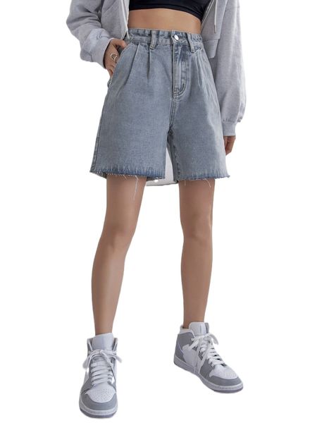 

dazy high waist plicated detail frayed hem denim shorts y5ff#, White;black