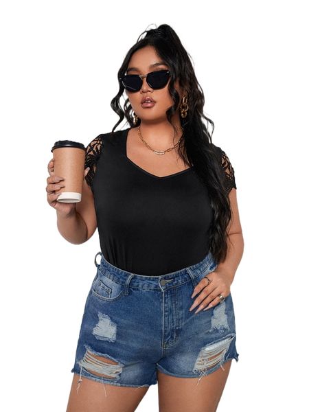 

plus contrast lace cap sleeve tee i4o7#, Black