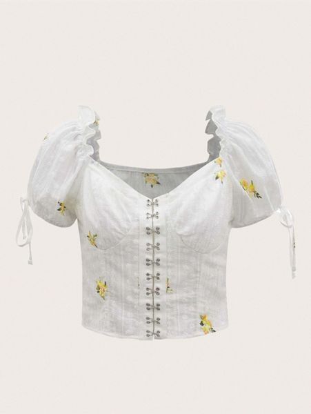 

floral embroidery puff sleeve knot detail hook and eye crop blouse f9uw#, White