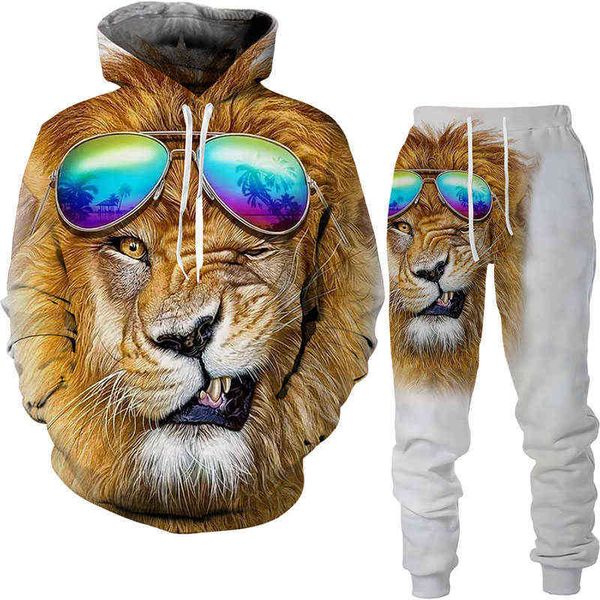 

autumn winter 3d the lion king printed men's hooded sweater set men's sportswear tracksuit long sleeve men's clothing suit g1, Gray