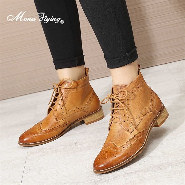 

mona flying womens genuine leather wingtips boots ankle heels fashion lace up booties with low heel for women ladies 06865 210911, Black